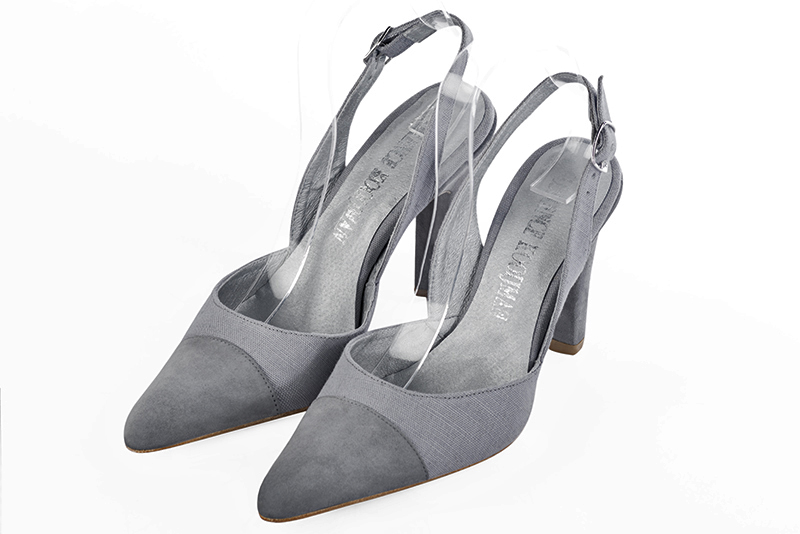 Mouse grey women's slingback shoes. Tapered toe. Very high kitten heels. Front view - Florence KOOIJMAN